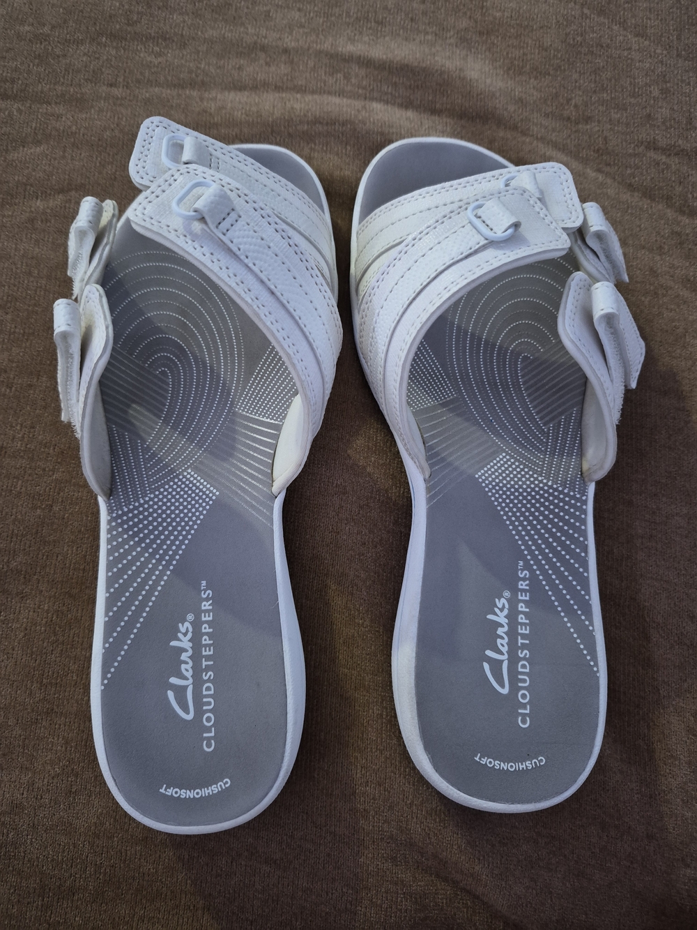 Clarks White Dual-Strap Cloudsteppers Slide Sandals - Picture 2 of 7